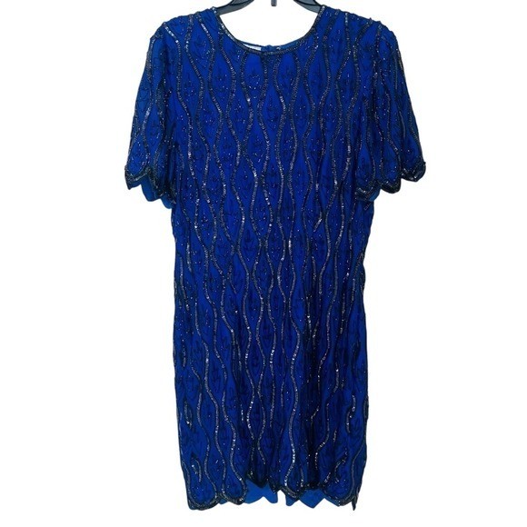 Stenay Vintage Size 12 Royal Blue Silk with Black Sequins Beaded Formal Dress