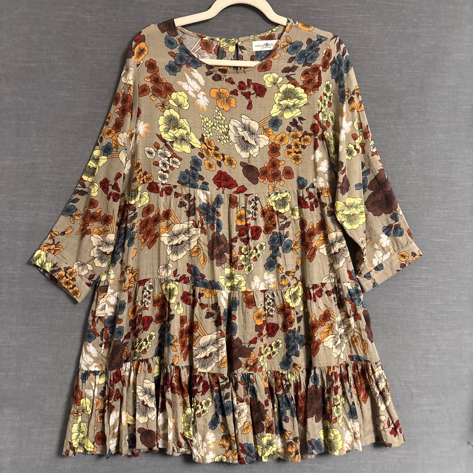 Natural Life Heidi Mini Dress M Tan Floral Cotton Tiered Tunic Boho Fall