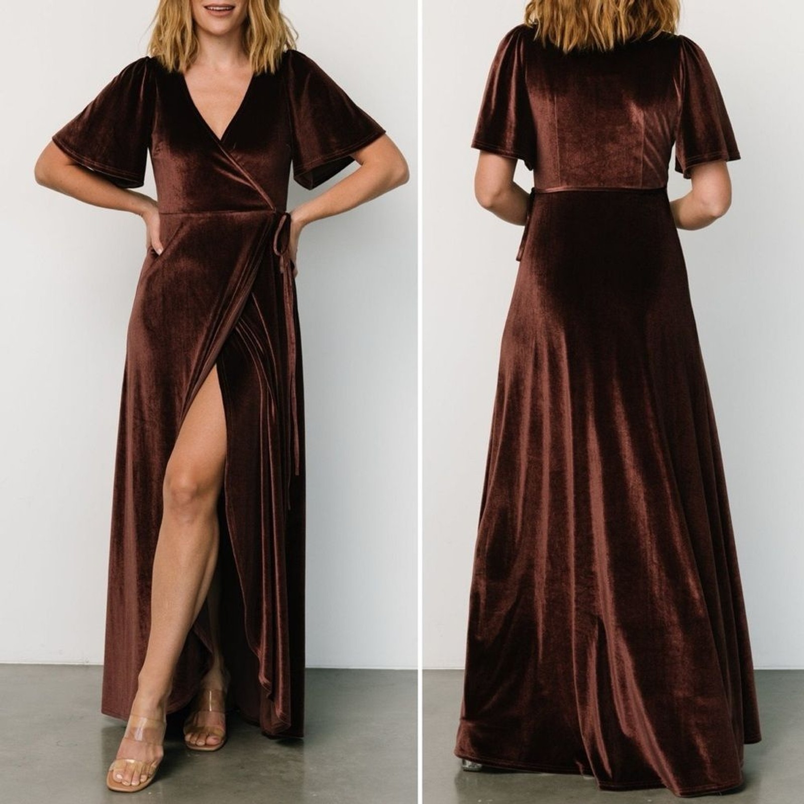 NWT Baltic Born Katelyn Velvet Maxi Wrap Dress Clove Brown Sz Small Tulip Skirt