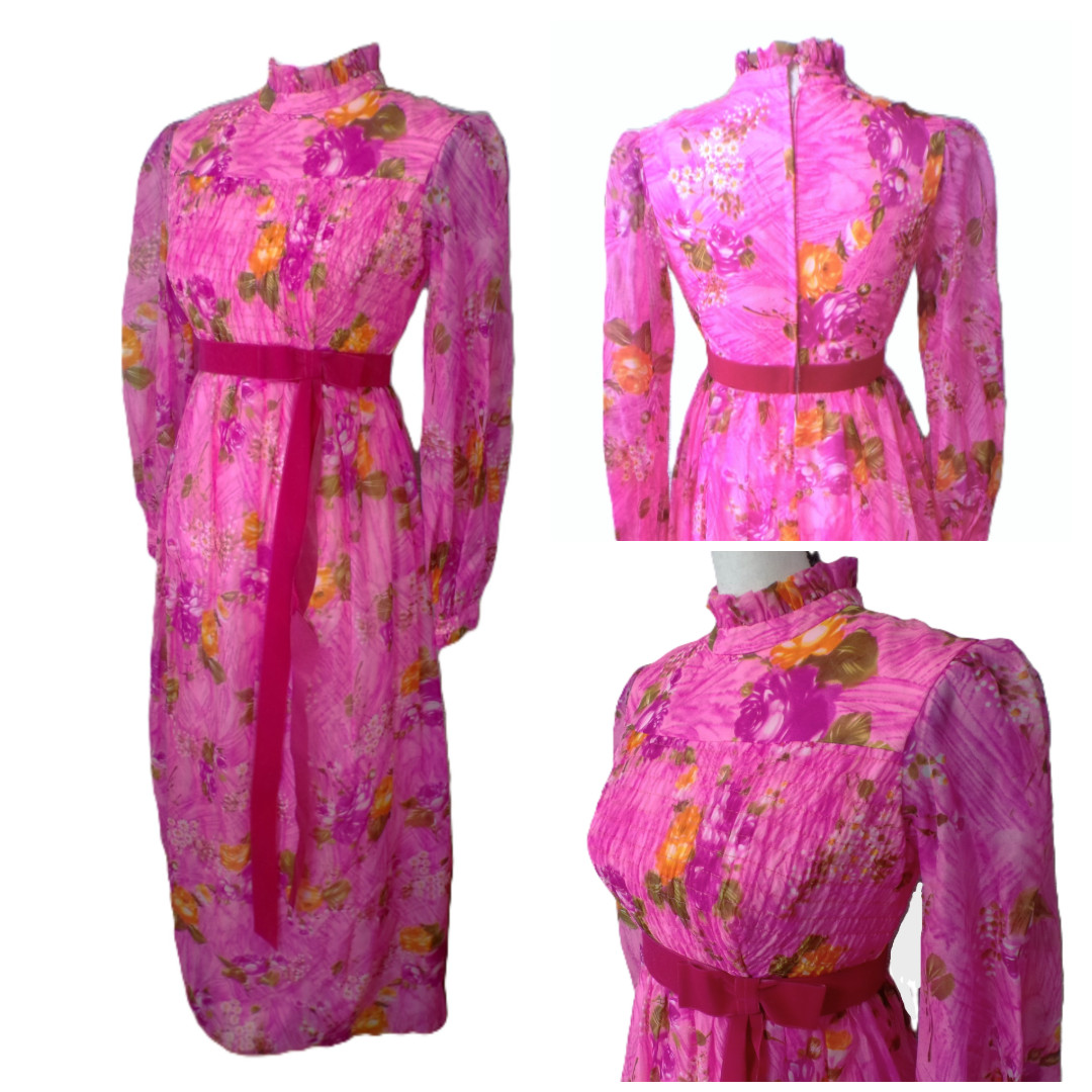 Vtg 60’s Dress S Chiffon HOT Pink Psychedelic Flower Power Prairie Chic Ethereal