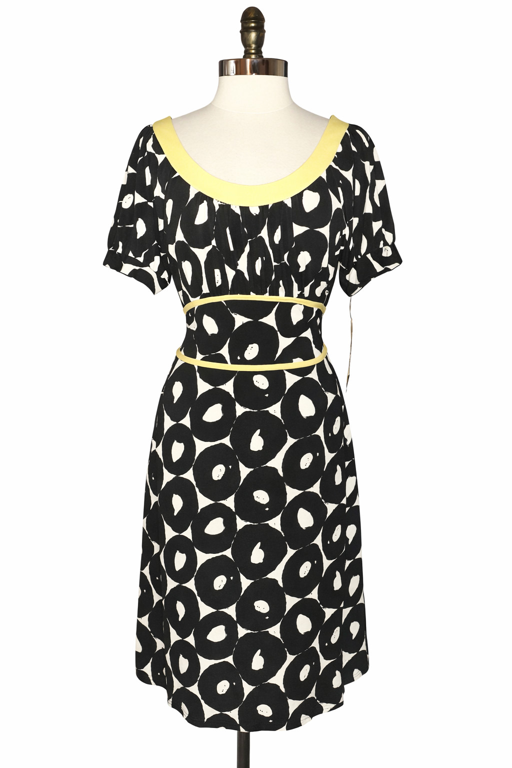 NEW SCARLETT Size 14 A-Line Dress Black White Yellow Stretch Short Sleeve