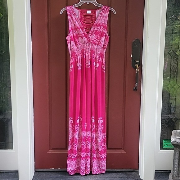 Unbranded Silk Blend Maxi Pink Floral Sleeveless Dress M