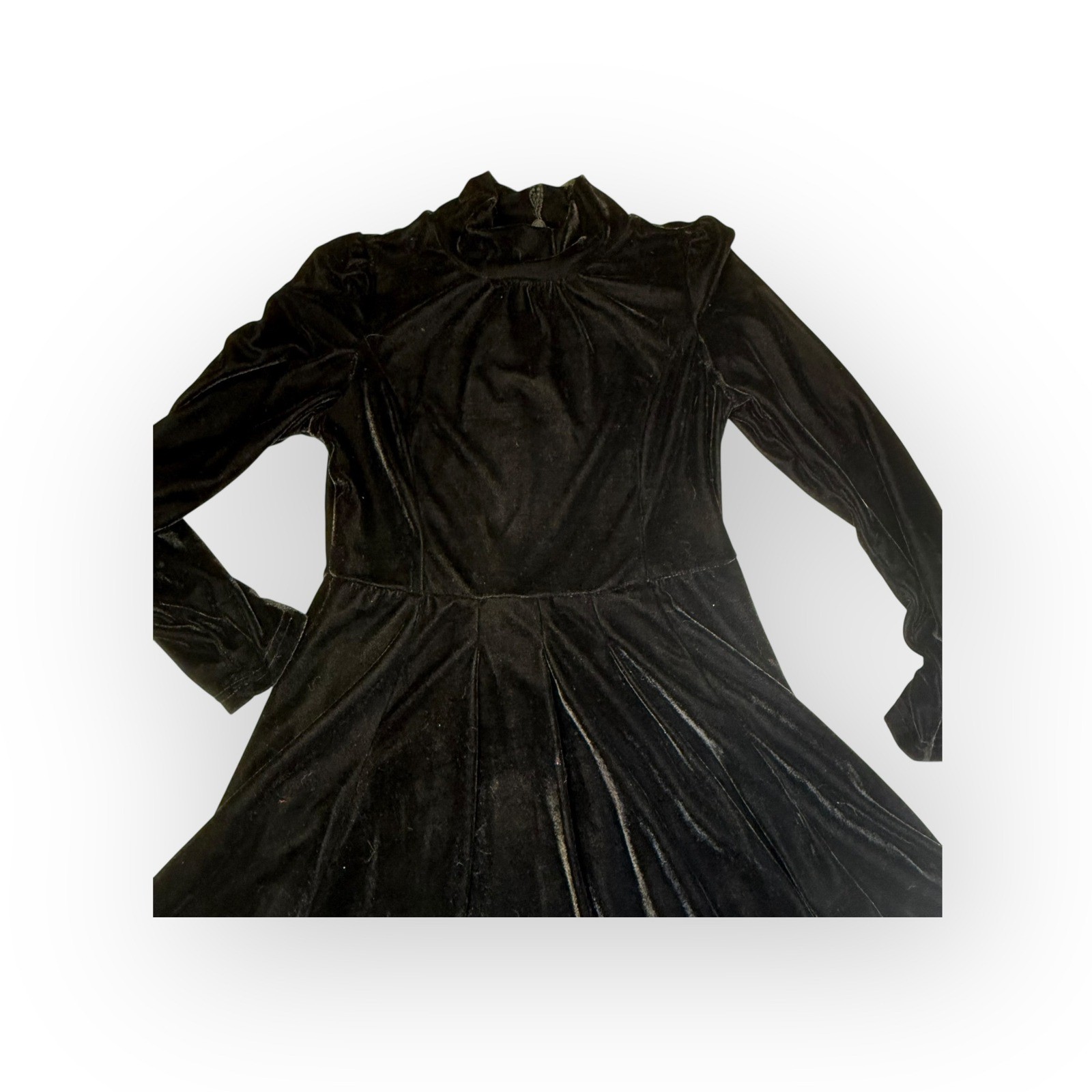 Black Velvet Gothic Mock Neck Long Sleeve Midi Dress Button Cuff Flared Sz L