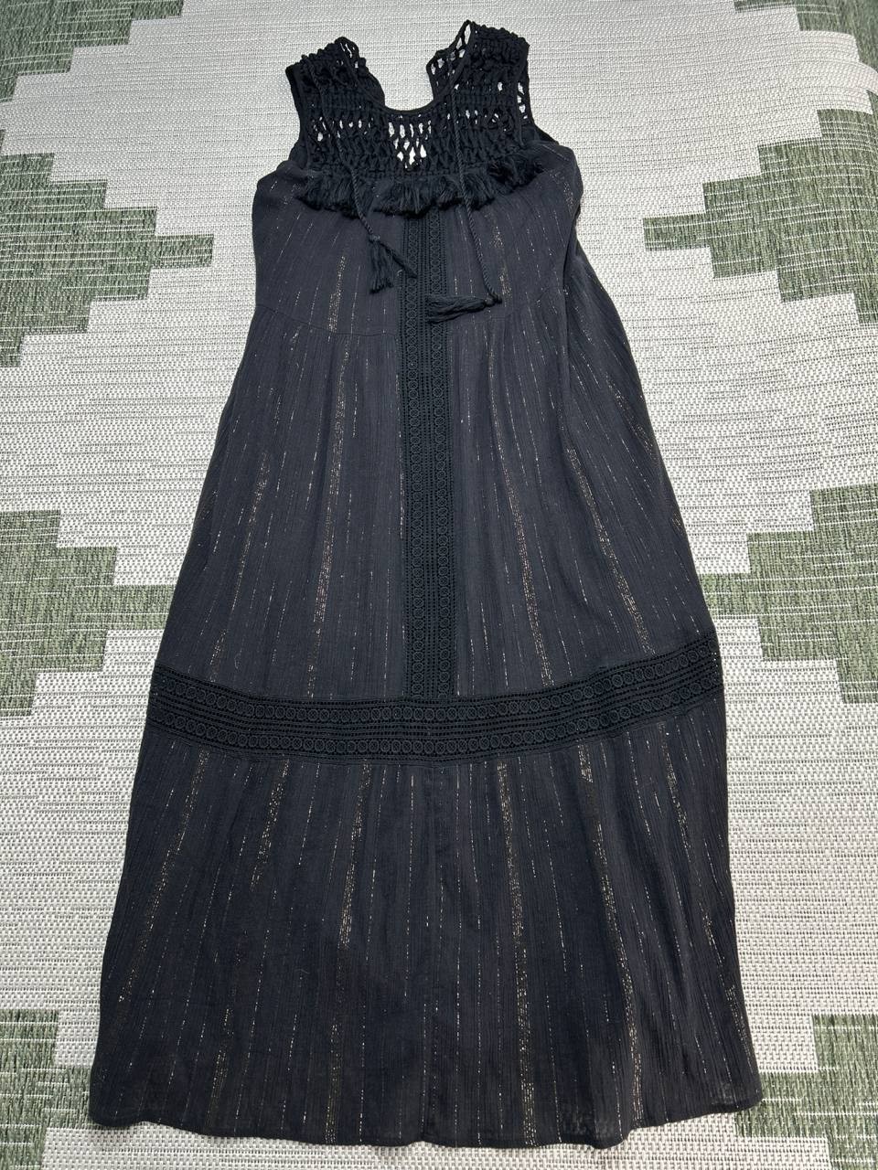 Anthropologie By Maeve Abilene Maxi Dress Womens Small Black Tassel Crochet Yoke