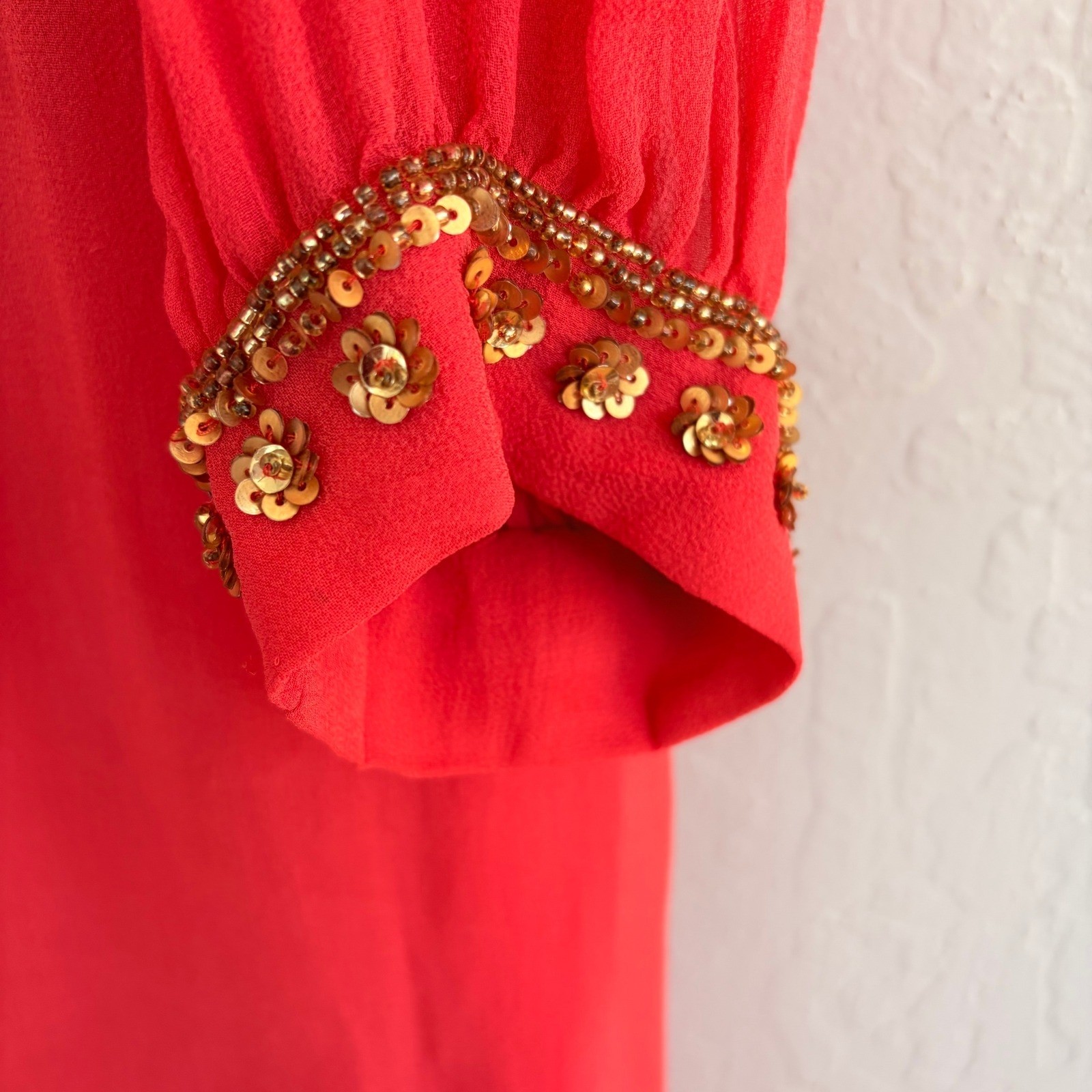 French Connection Shift Dress Silk-Georgette Sequined Coral V-Nick US10 UK14