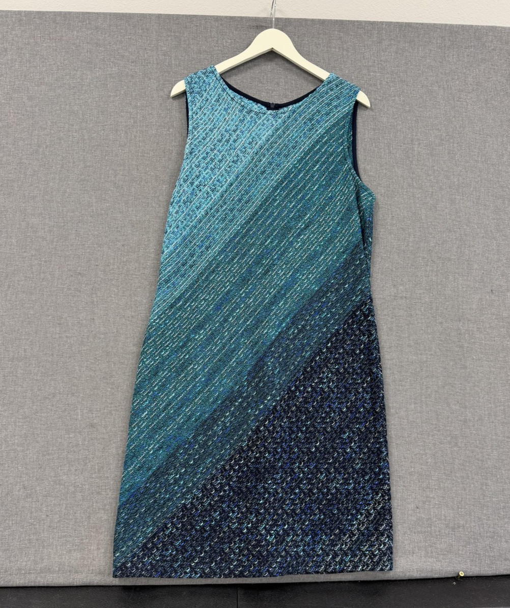 St. John Dress Womens 16 Blue Colorblock Teal Sheath Sleeveless Lined Tweed