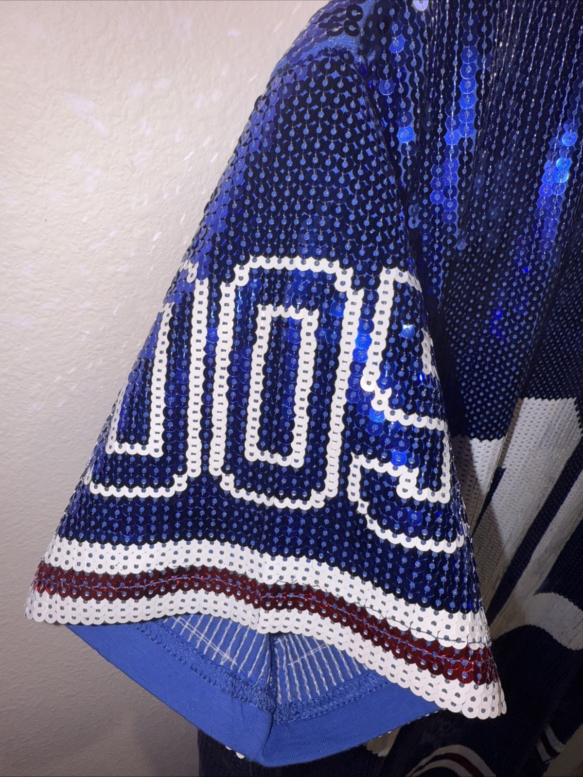 $220 NWT Queen Of Sparkles Sequin Jersey Dress 2XL Blue White Red College Sports