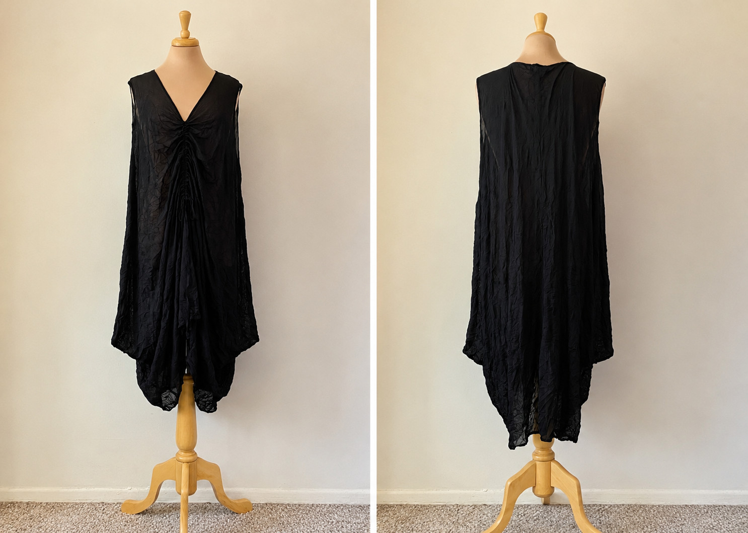 Comfy USA XL Black Crinkle Mesh Tunic Dress Drawstring Ruched Front USA