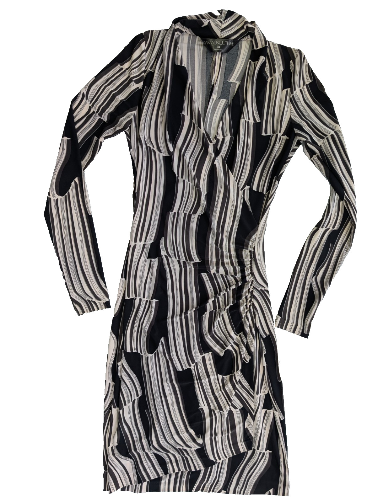 KAMALIKULTURE Norma Kamali Faux Wrap Dress Black Gray Dot Stretch Knit Ruched XS