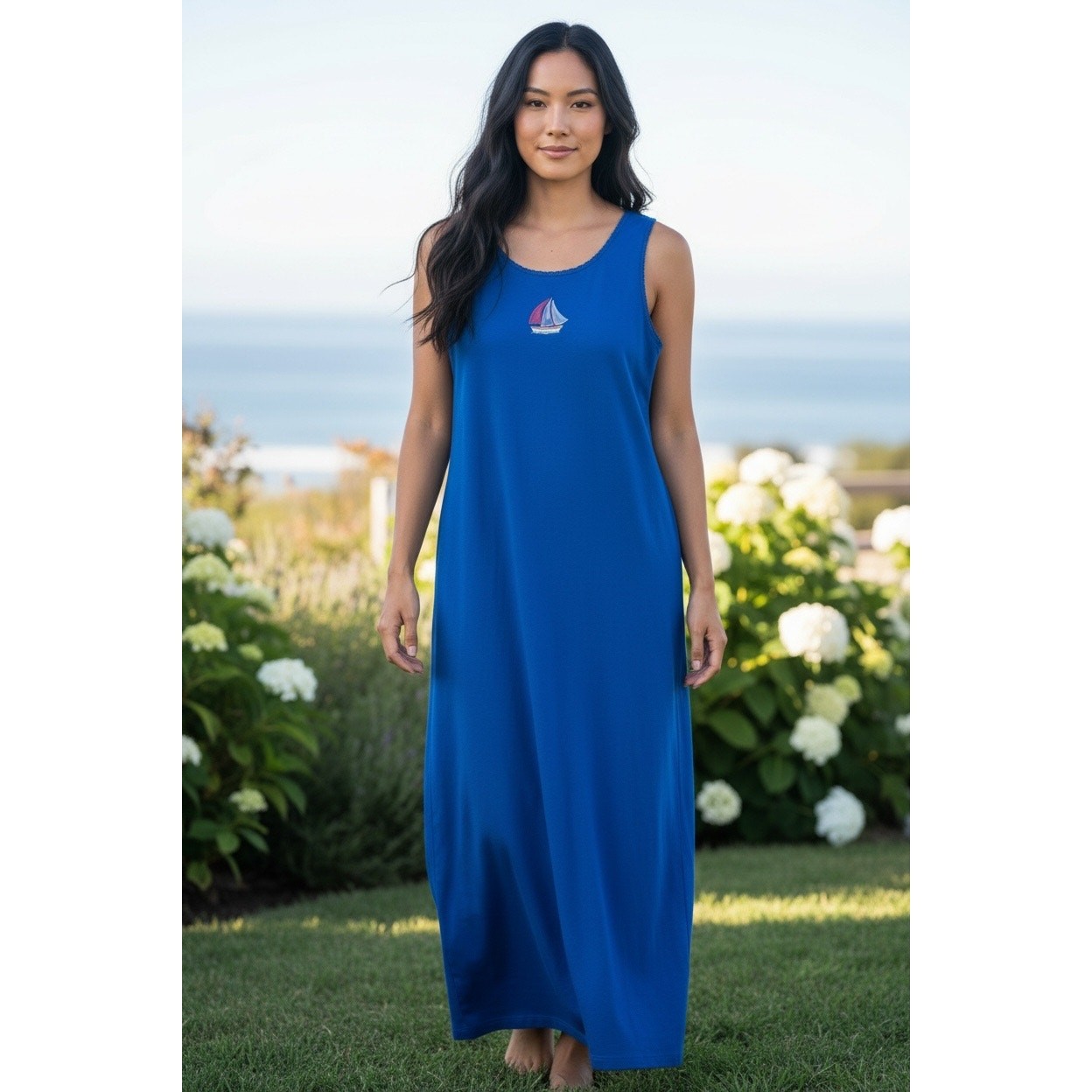 Sag Harbor royal blue sleeveless maxi dress sailboat embroidery LINEN Size 12/14
