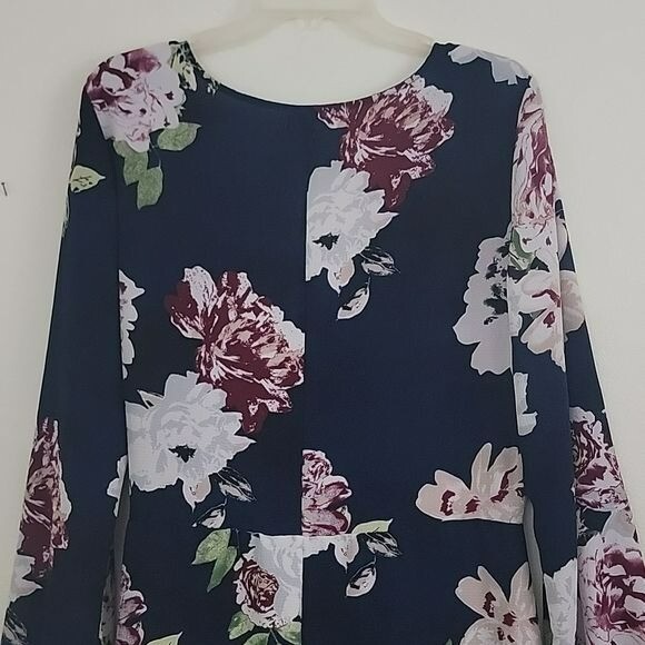 Eyeshadow Navy Burgundy & White Floral Long Sleeve Wrap Dress XL