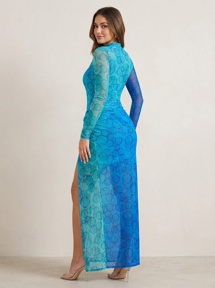 Azure Bubble Mesh Maxi Dress