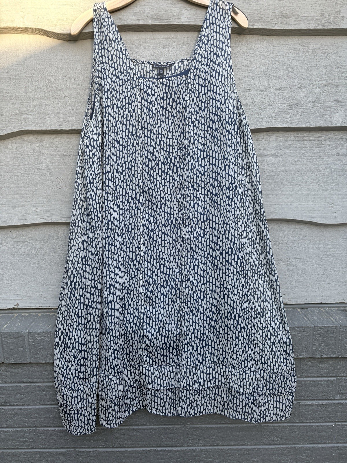 Eileen Fisher Silk Midi Dress Womens Large Blue Patterned Tank Georgette Crepe
