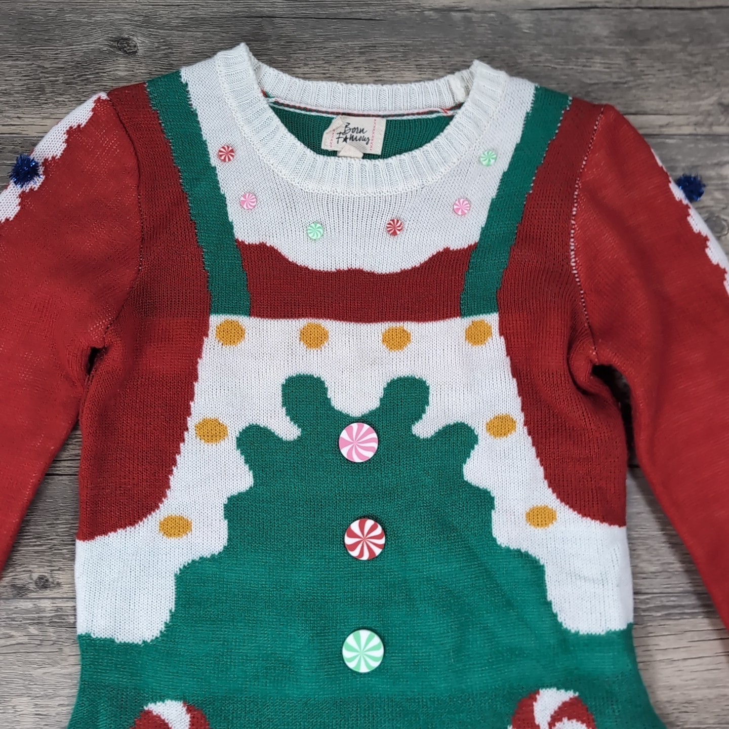 Kitschy Christmas Tree Holiday Fun Long Sleeve Dress Pom Poms Women’s XS