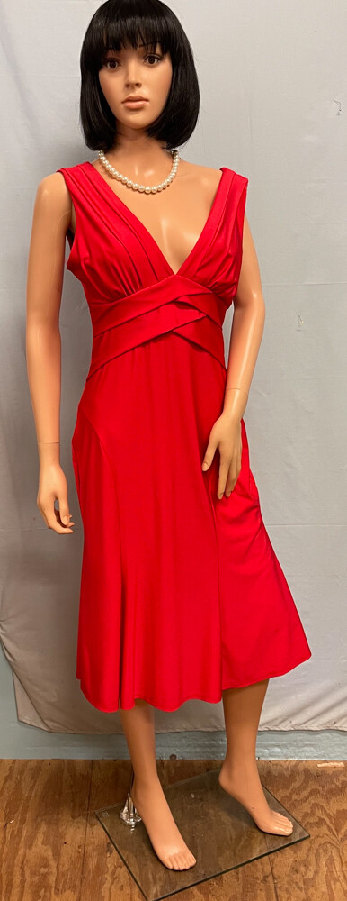 MARINA Cherry Red Pleated Stretch Sleeveless Dress 8 NWT
