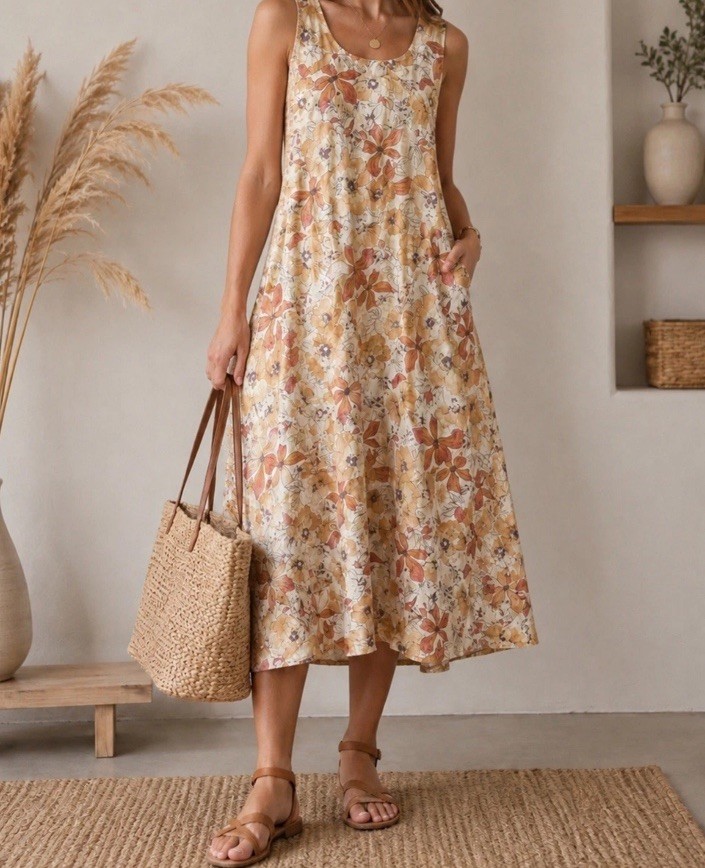 Women’s Floral Linen Maxi Dress Sleeveless A-Line Boho Cottagecore Resort Beach