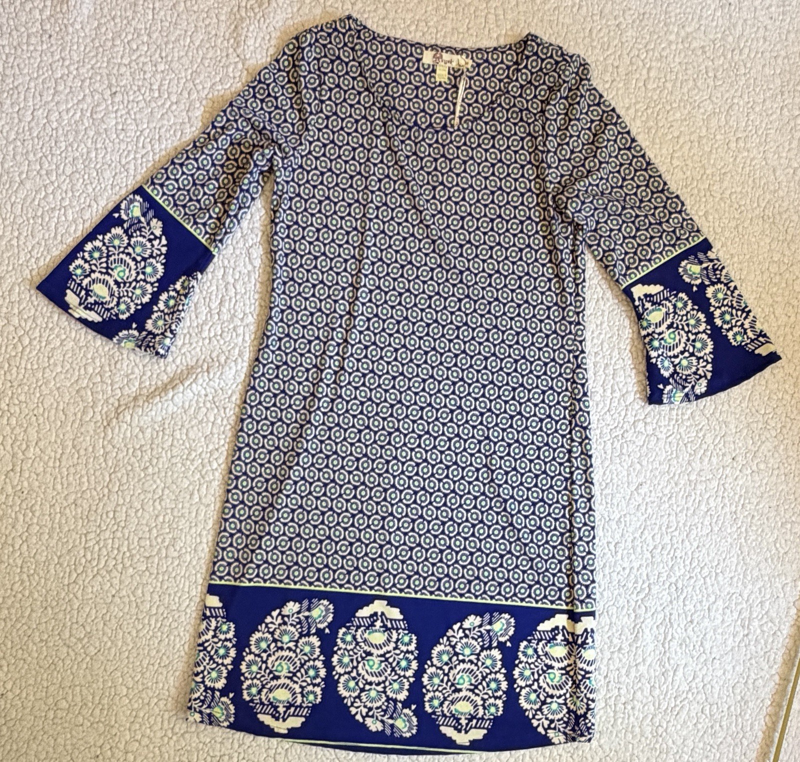 Aryeh Blue Boho Shift Dress Bell Sleeves Geometric Floral Lily-like Size S NWT