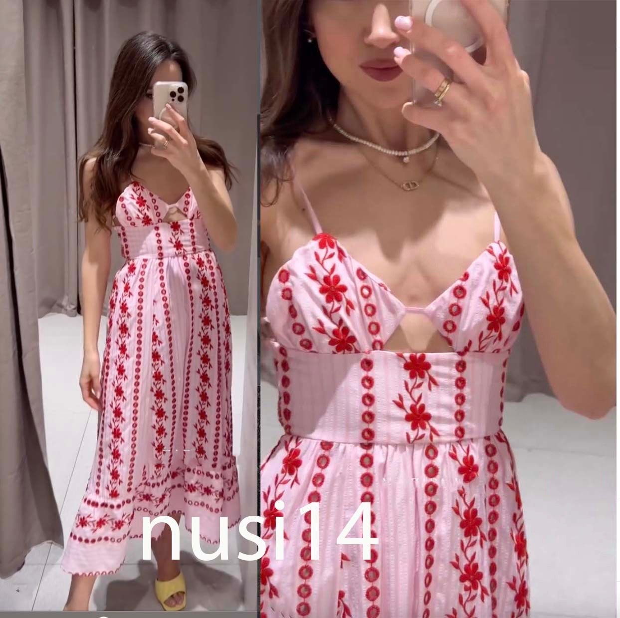 ZARA NEW WOMAN STRAPPY FLORAL EMBROIDERED EYELET MIDI DRESS PINK 2715/977/620