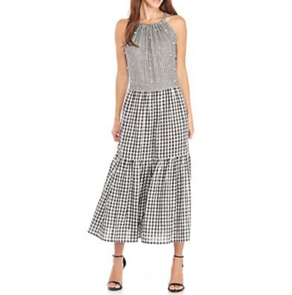 Violet Weekend Sz XL Cotton Gingham Tiered Maxi Dress Pearl Detail Prairie Boho