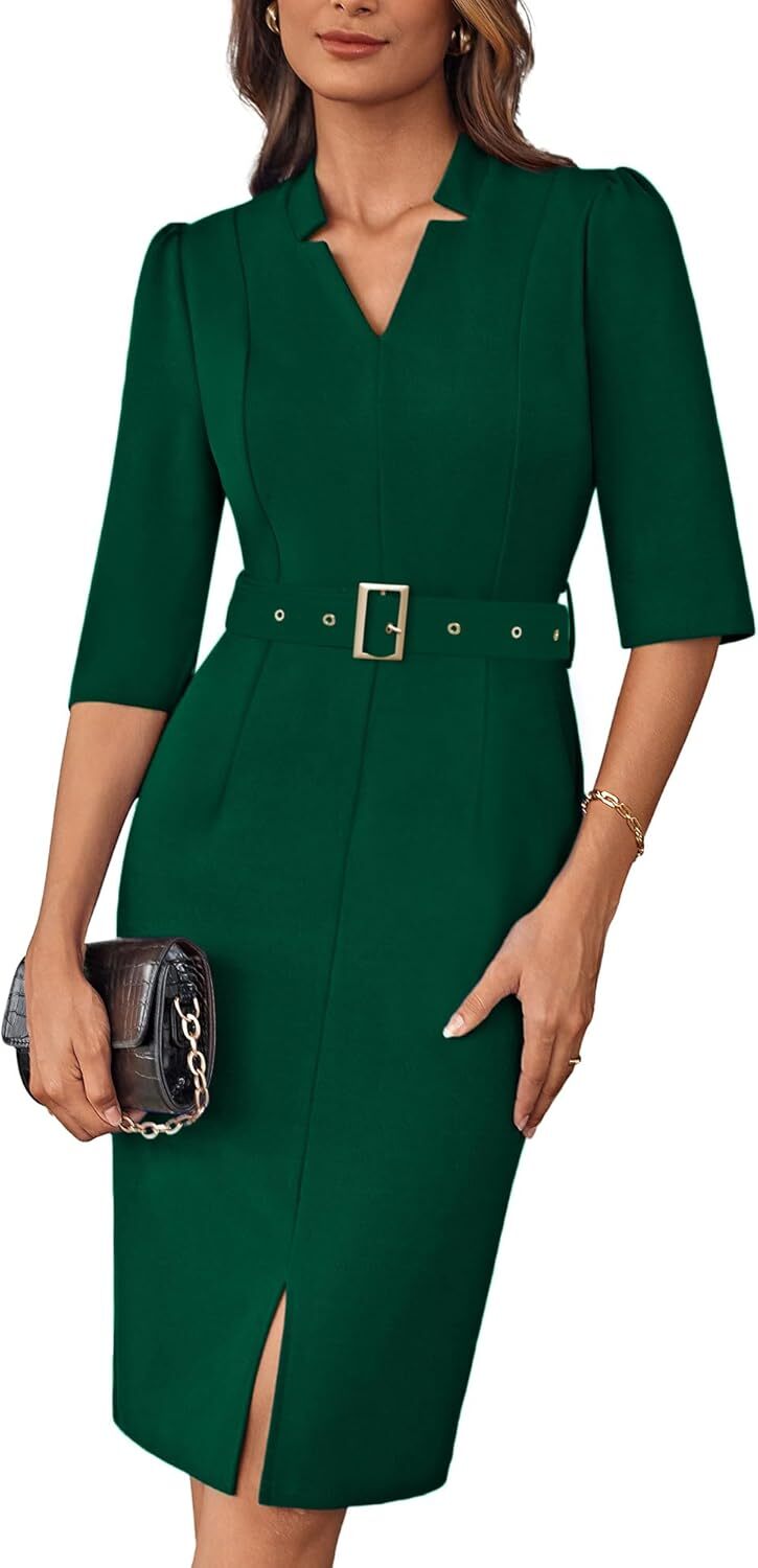 Women’s 3/4 Sleeve V-Neck Bodycon Sheath Work Dress – Zipper Up Office Style