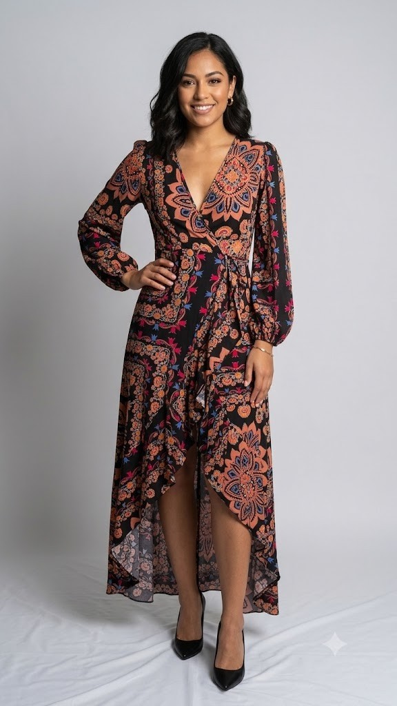 SHEIN Paisley Floral High-Low Wrap Dress Long Sleeve Boho V-Neck Black Size XS