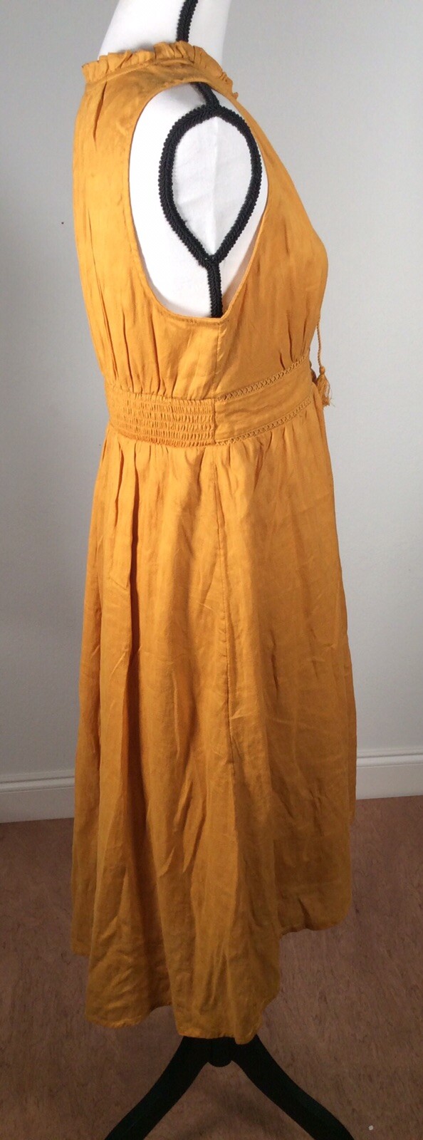 Old Navy DRESS MEDIUM P Waist-defined Ruffled Tie-Neck Gold Hi-Low Midi – NEW