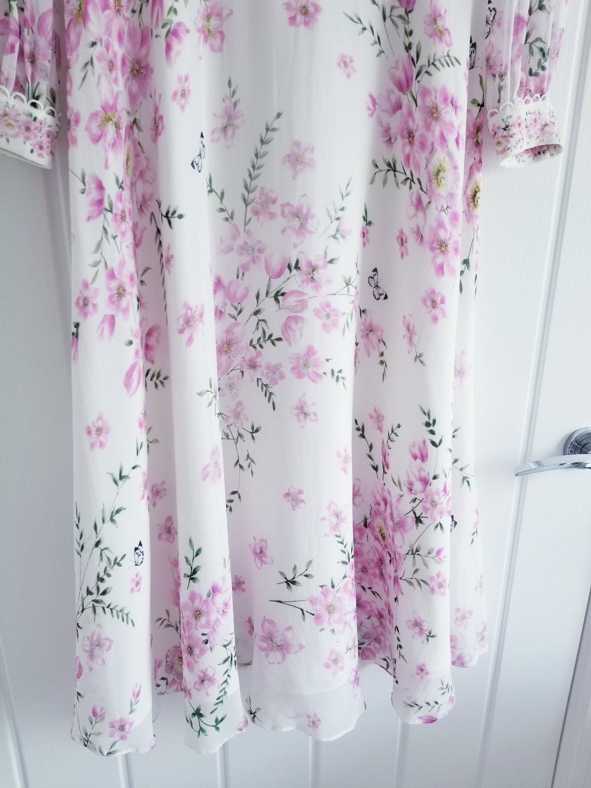 Hobbs Skye Floral Print Pure Silk Midi Dress Ivory Pink Size UK 10 Petite (8-10)