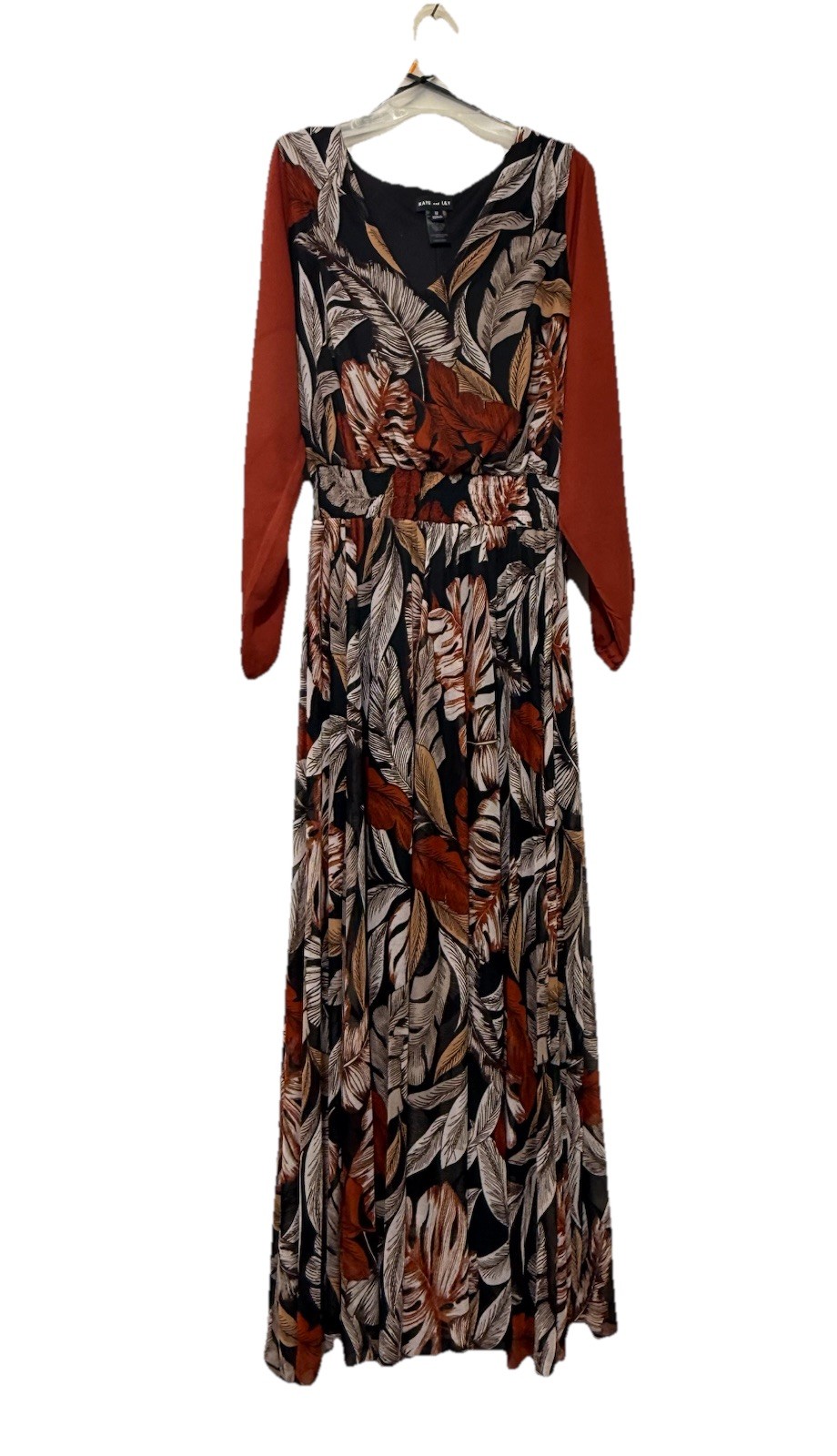 Kate & Lily 12 Black Rust Orange Long Sleeve Smocked Waist V-Neck Maxi Dress EUC