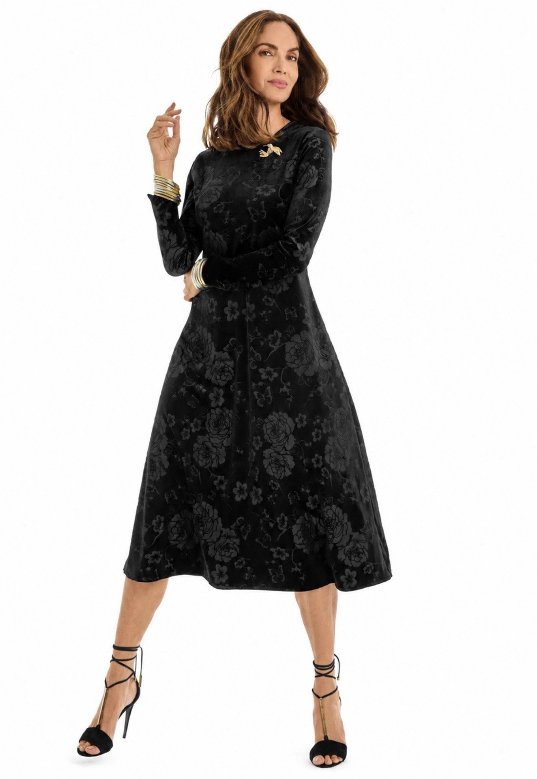 New🌺 New Johnny Was Embossed Stretch Velvet Black Floral Midi Dress S