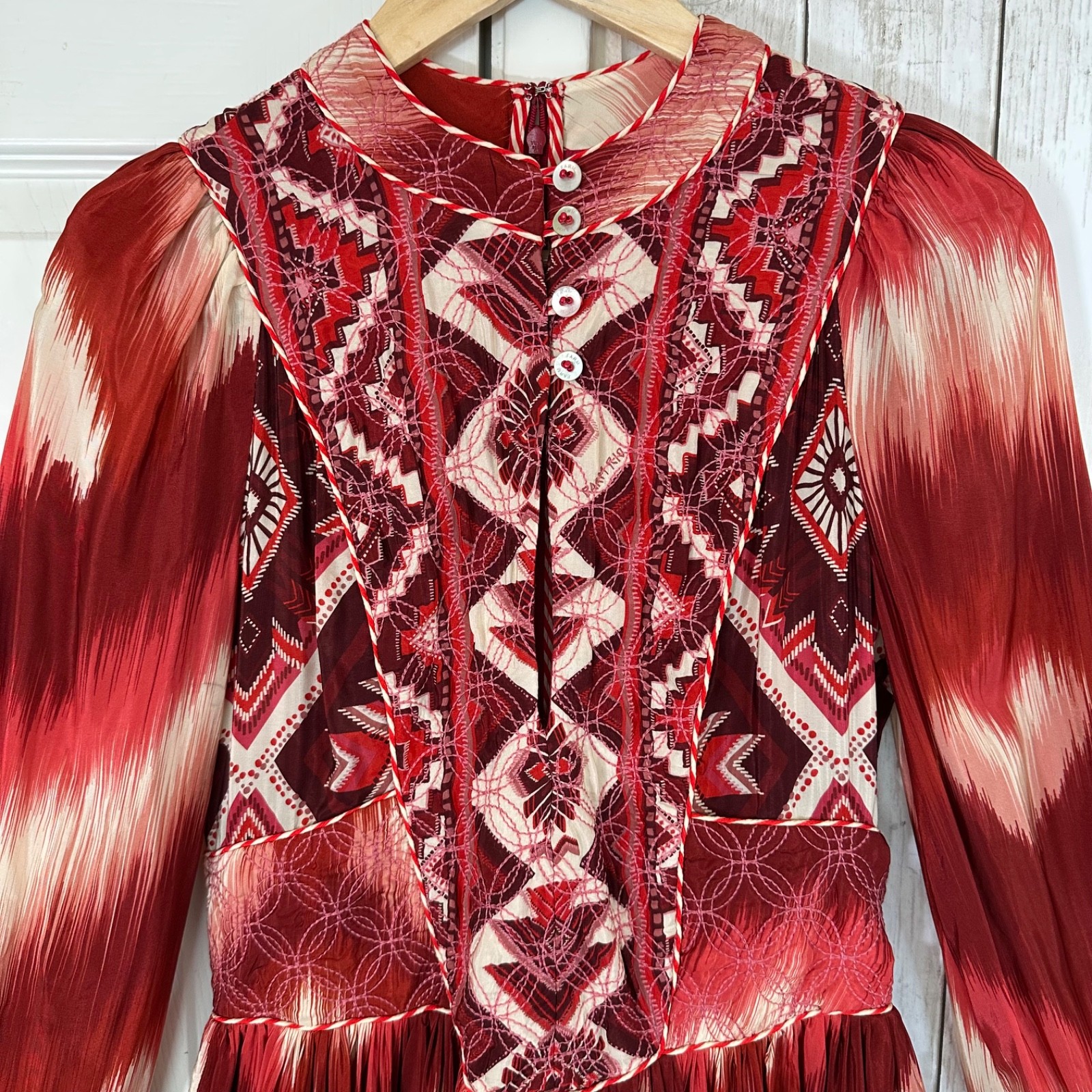 Farm Rio Ikat Boho Quilted Embroidery Puff Sleeve Mini Dress Size S Festival 70s