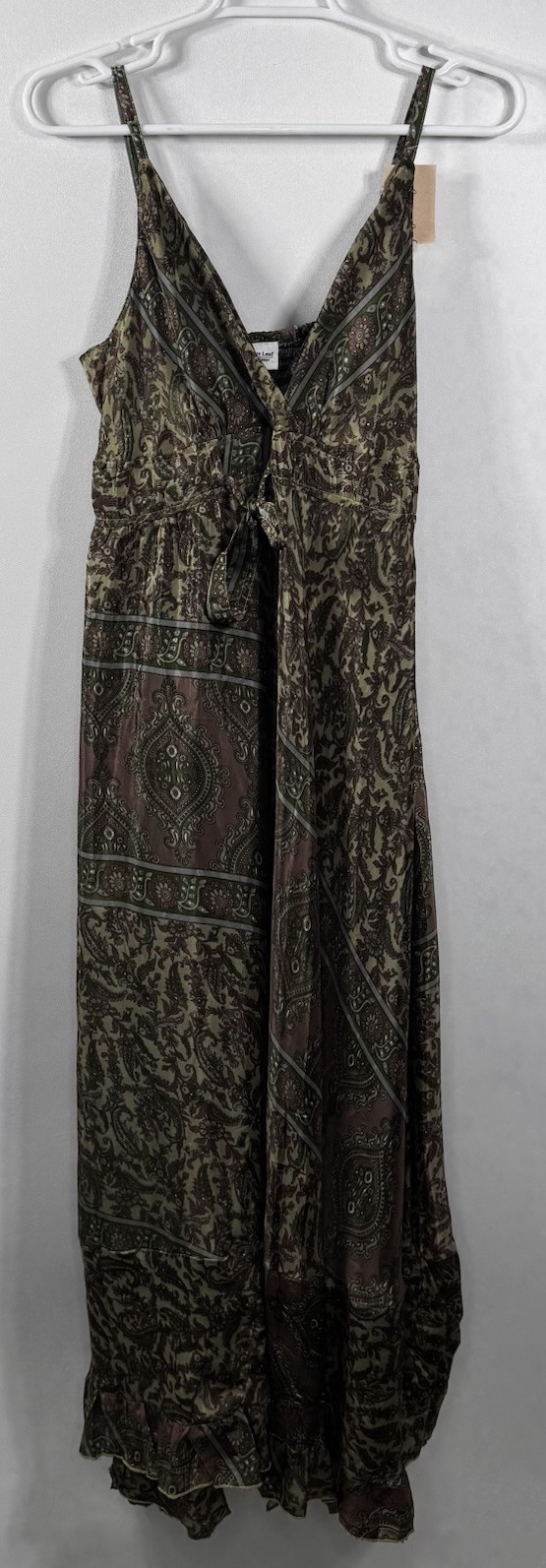 Lotus Leaf Strappy Maxi Dress Ruffle Earthy Bohemian Beach Romantic Tie Smocked