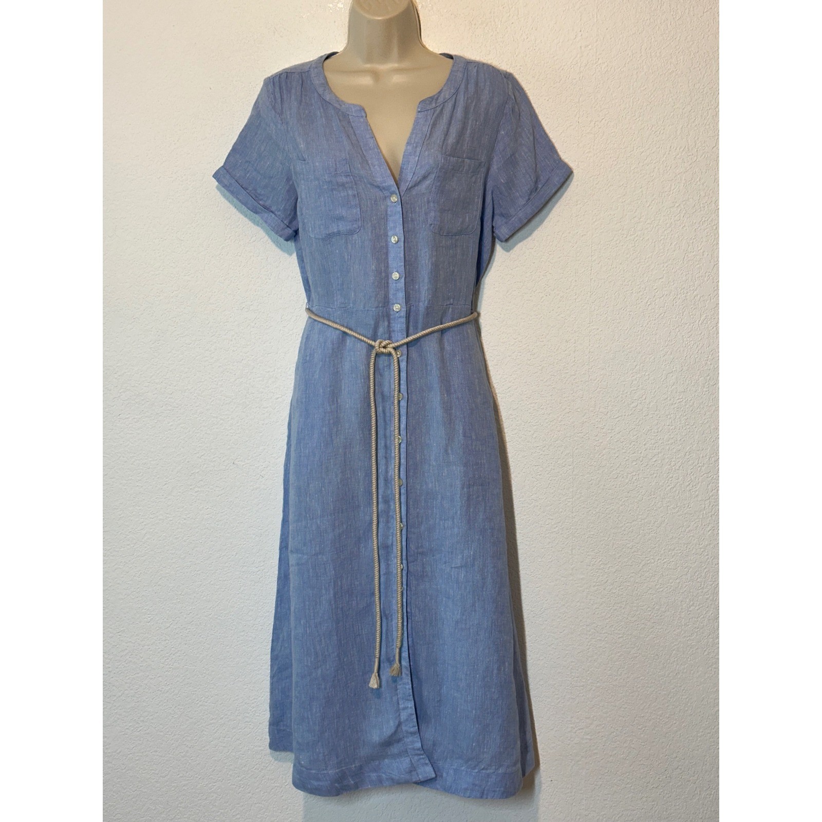 Talbots Blue 100% Linen Button Front Midi Shirtdress with Rope Belt Size 6 NWT