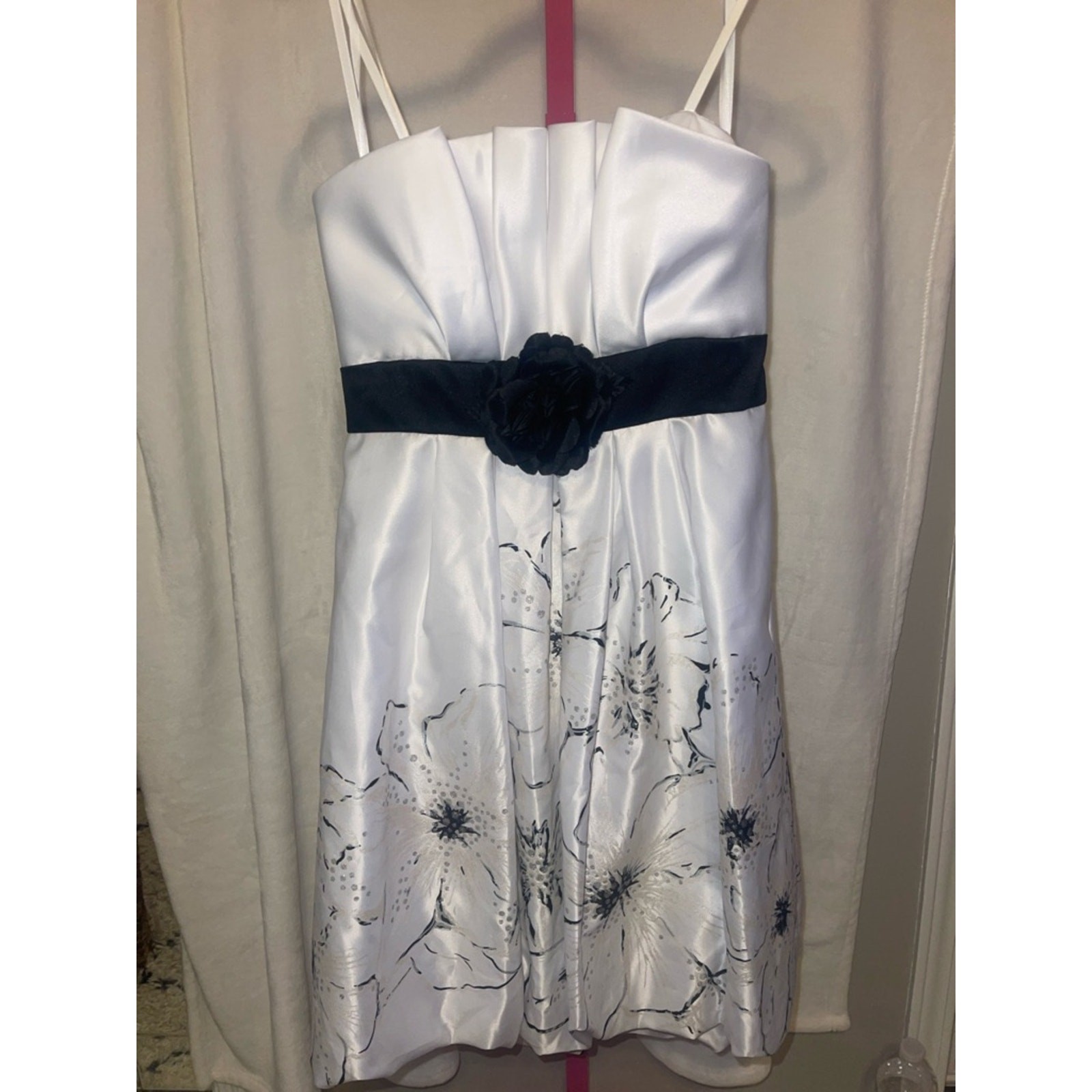 Betsy & Adam White Strapless Cocktail Dress with Black Sash