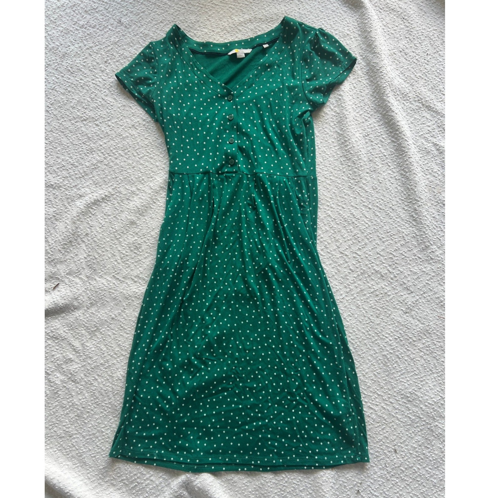 Boden Green Polka Dot V-Neck Button Front Jersey Dress Short Sleeve US 6R