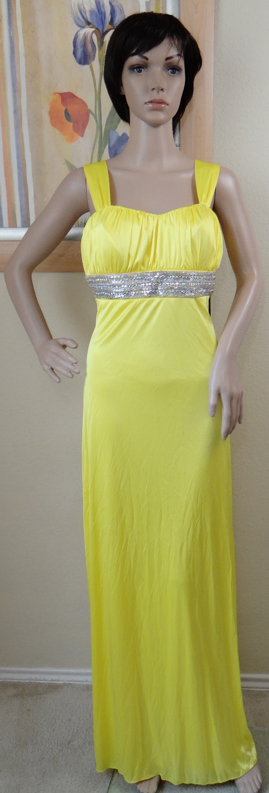 NEW W DEFECT MY MICHELLE wide strap yellow bead sweep train prom dress,jr 5,9