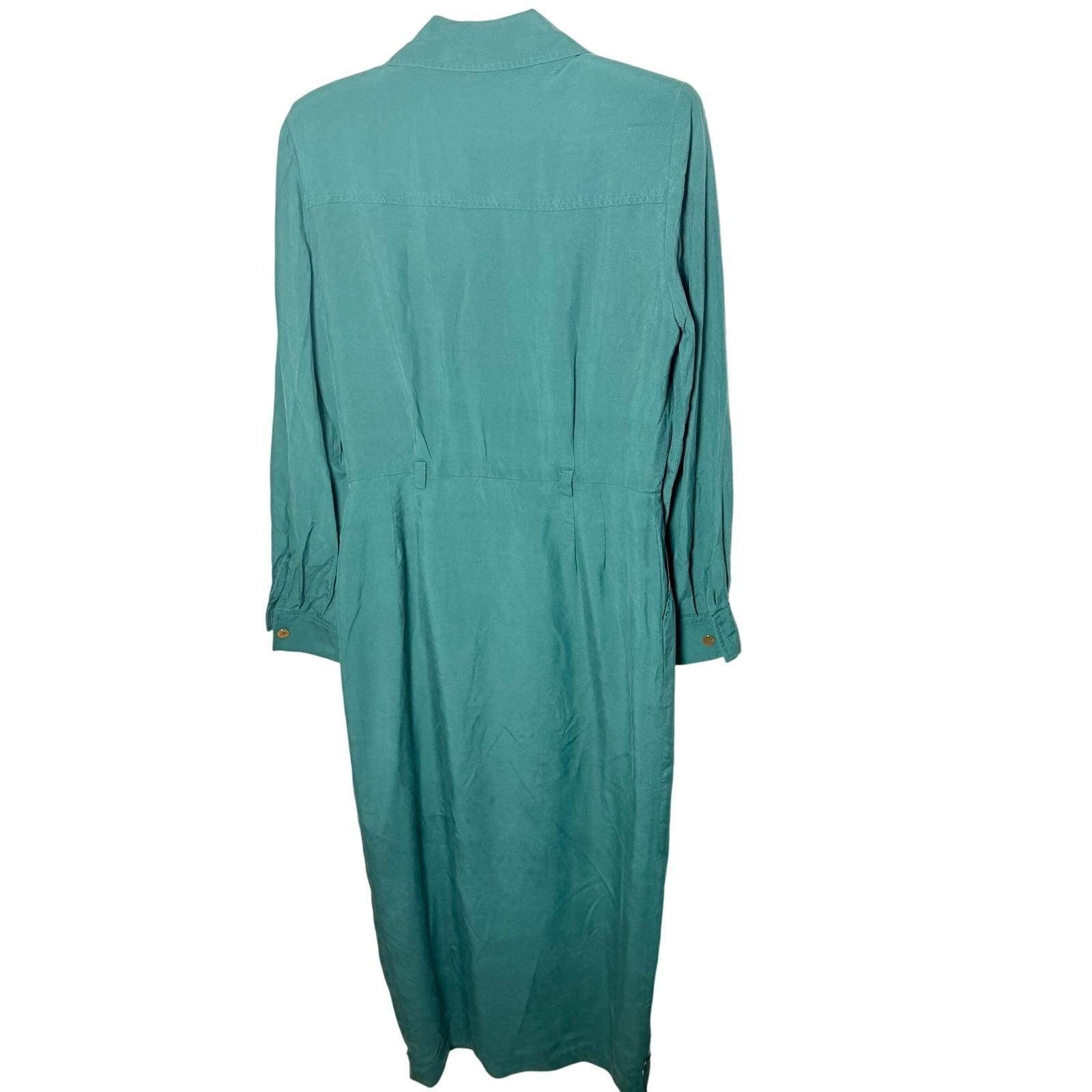 Linda Allard Ellen Tracy Teal Green 100% Silk Button Front Midi Dress Womens 10