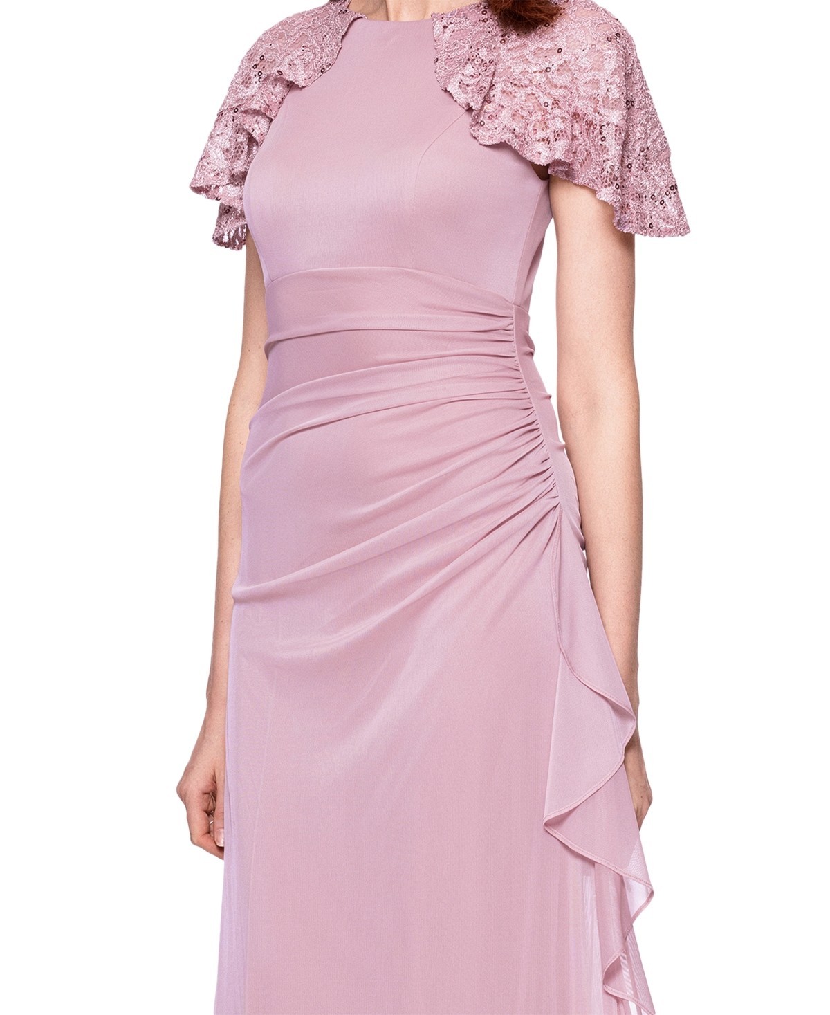 Betsy & Adam Draped Gown Lace Flutter Sleeve Ruched Ruffled Rose Pink Size 14