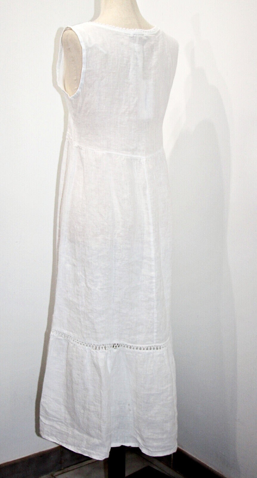 Valentina Naldi 100% Linen Crochet Trim Tiered Summer Dress sz M Made in Italy
