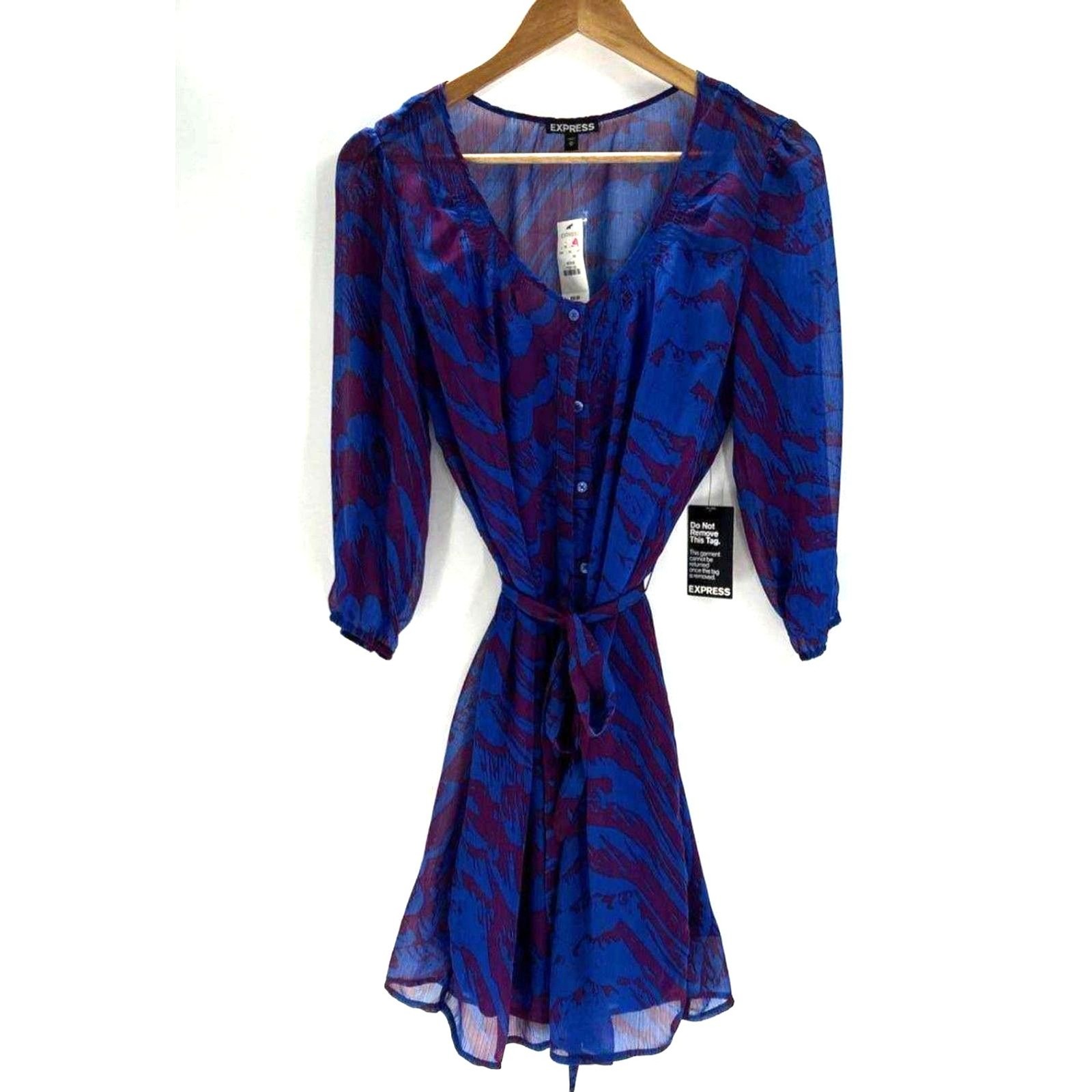 NWT Express Animal Print Shirt Dress M Blue Purple Zebra Sheer Chiffon Midi-Belt