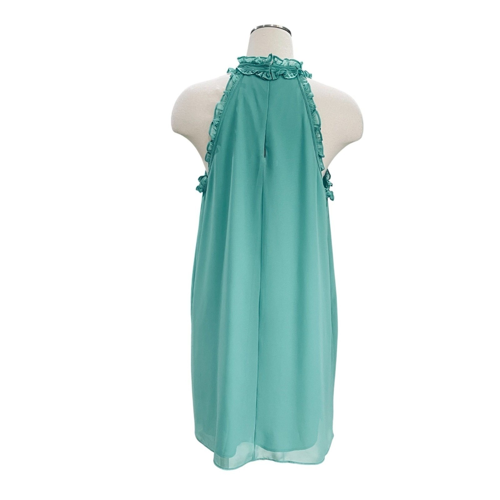 BCBG Generation Turquoise Halter Neck Shift Dress Sleeveless Chiffon Ruffle Trim