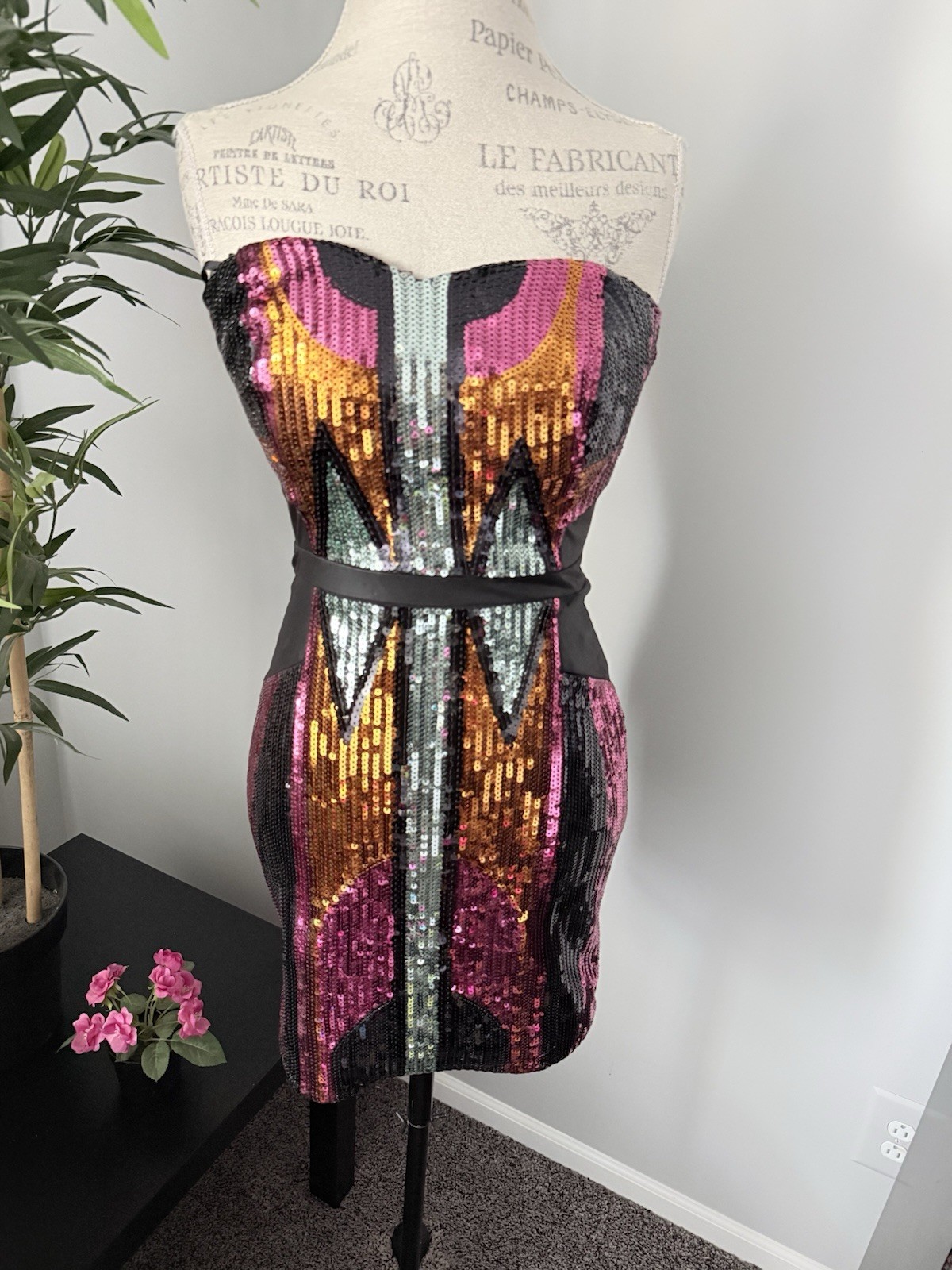 Bebe dress size small women vintage sequin glitter pink black short mini