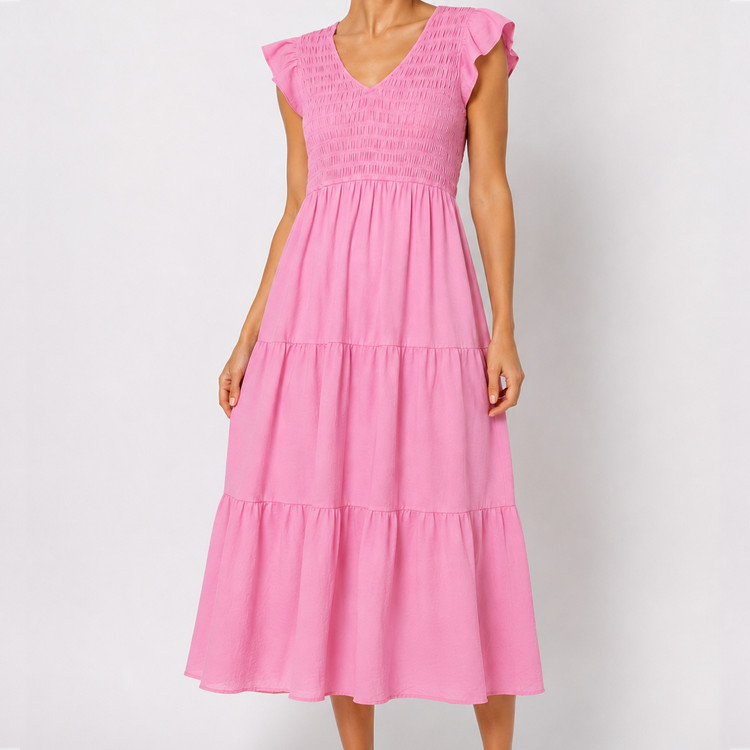 By The River Pink Smocked Tiered Maxi Dress Sz M Flutter Sleeve Lined Cottagecor