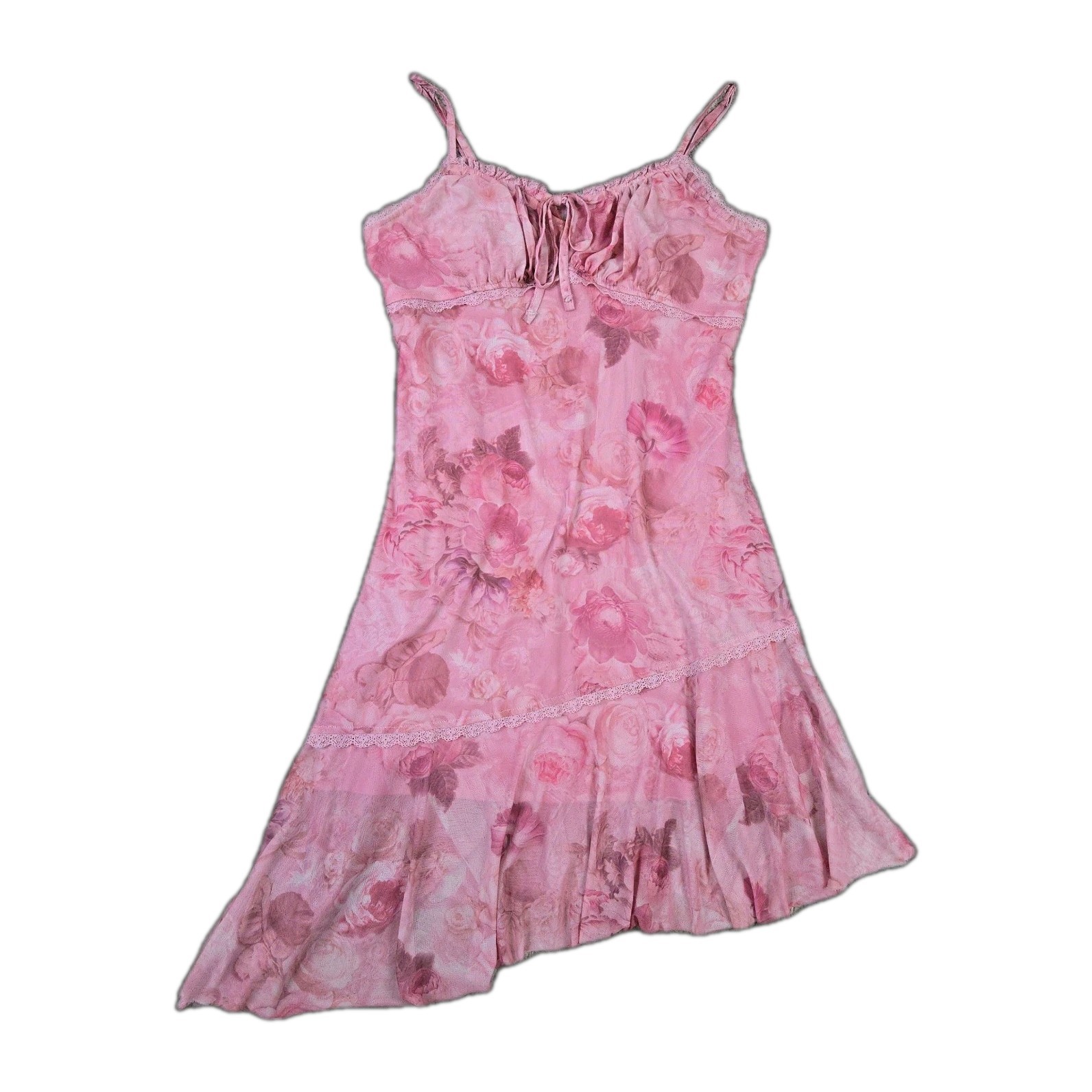 Y2k Madden Girl Babydoll Milkmaid Dress Sheer Pink Floral Asymmetric Romantic