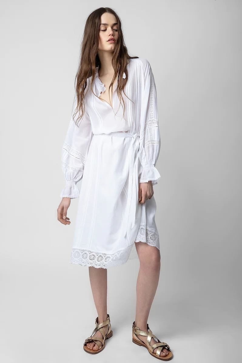 Women France Zadig &Voltaire V-Neck Washed Cotton Flowing Puff Sleeve Dress XS-L