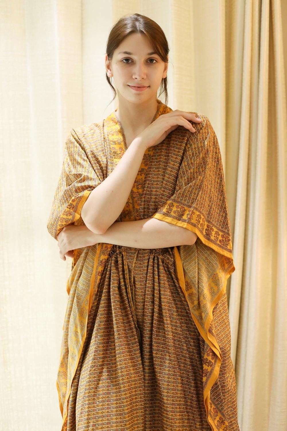 Silk Yellow Kaftan / Handmade Flowy Maxi Dress / Resort Wear Outfit PS MFN1006