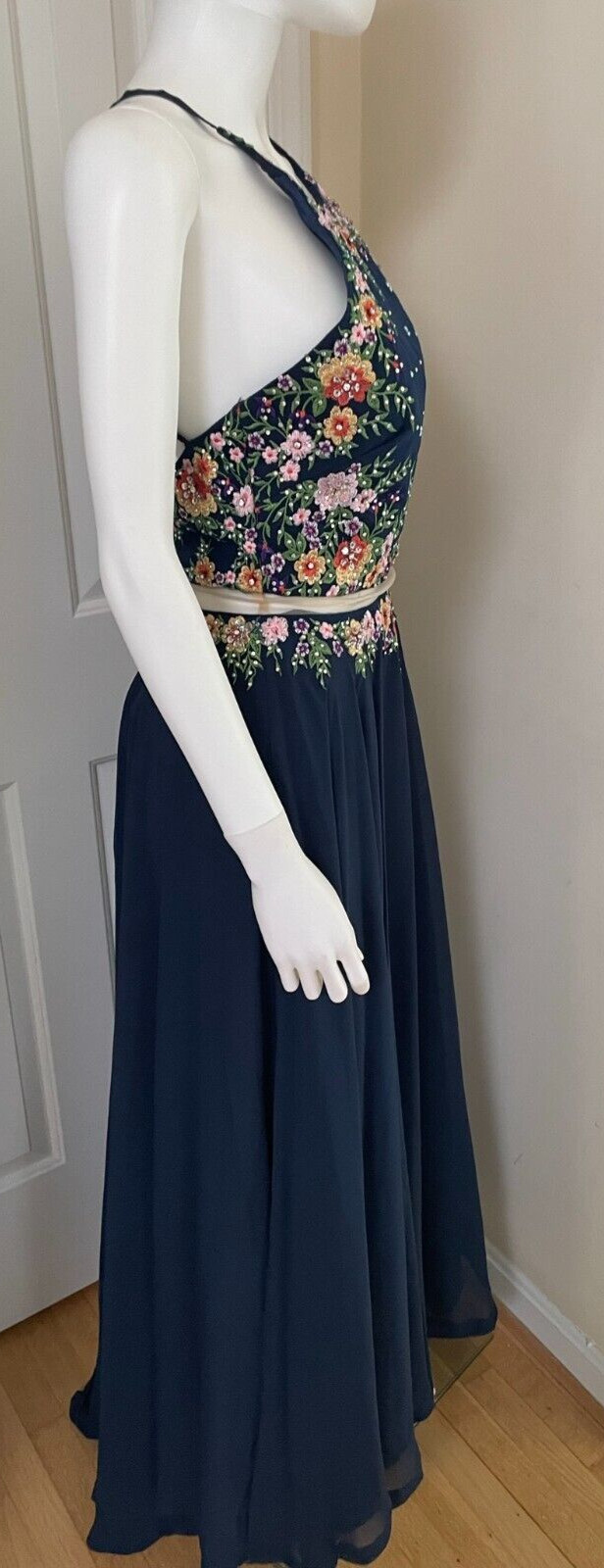 Tiffany Designs Embroidered Flower Floral Gown Dress Navy Size 6