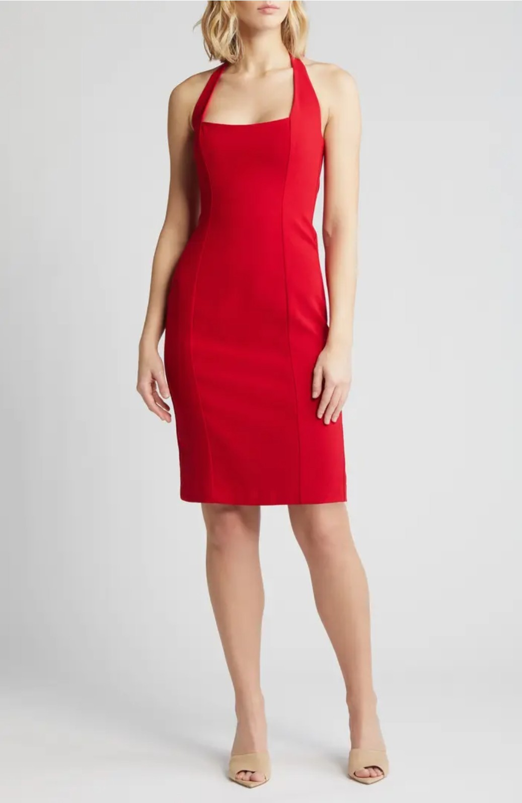 Black Halo Zarela Halter Neck Knee Length High Waist Sheath Dress – Sz. 10, Red