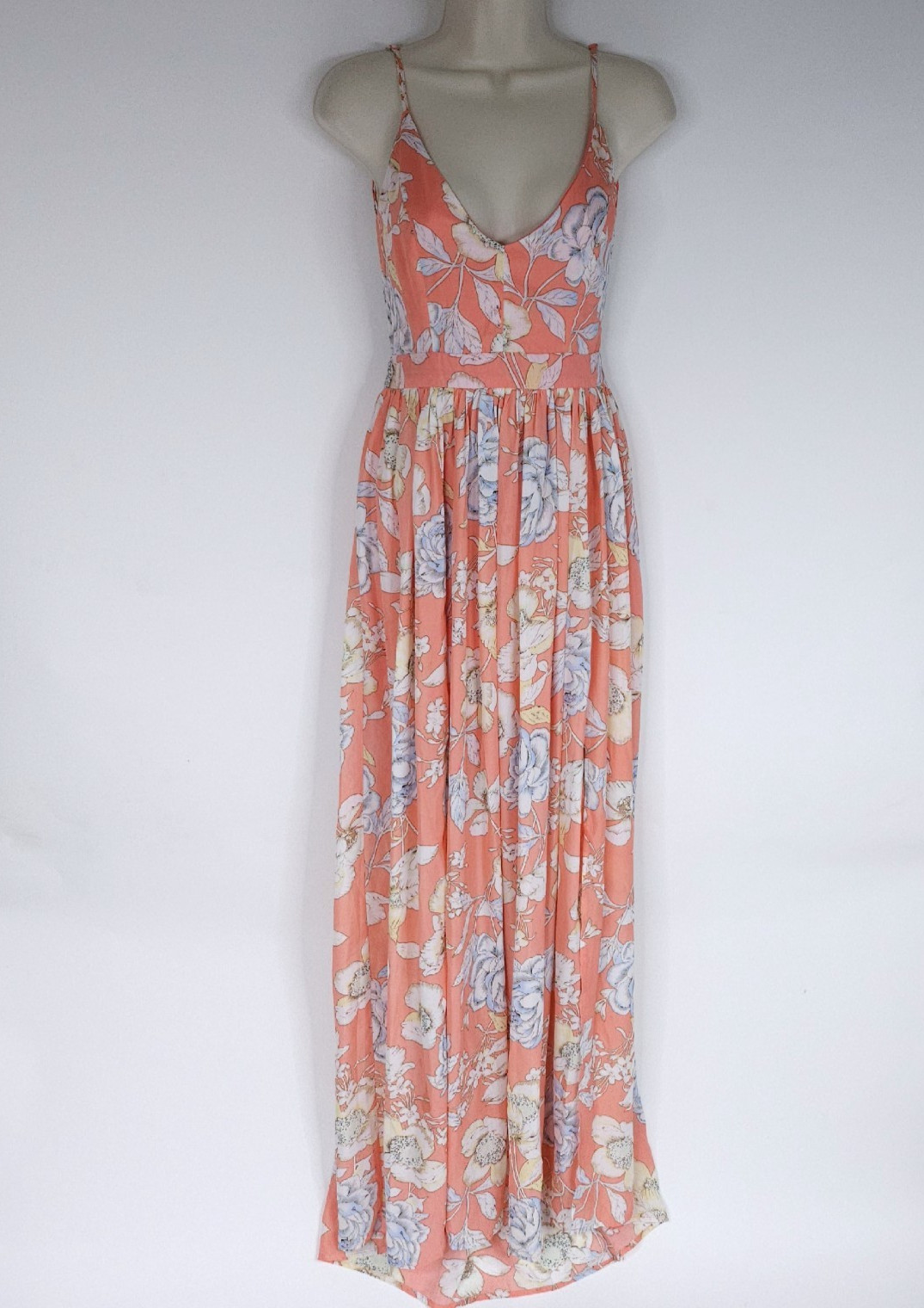 Miss Avenue Womens Maxi Dress M Cutout Back Peach Blue Floral V Neck Sleeveless