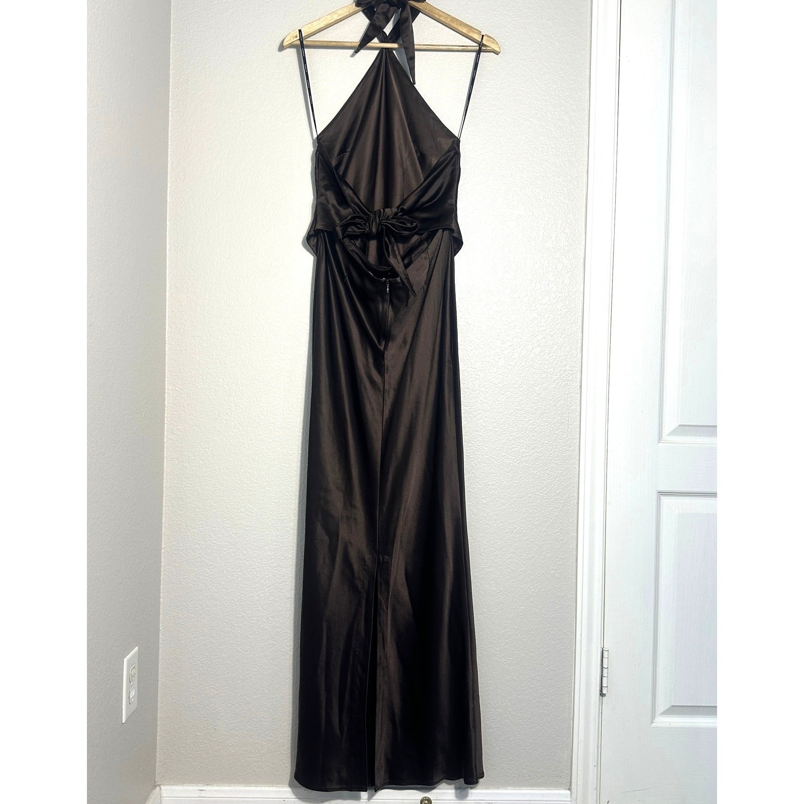 Retrofete Ester Brown Satin Tie Back Sheath Formal Dress, Prom Wedding Guest L