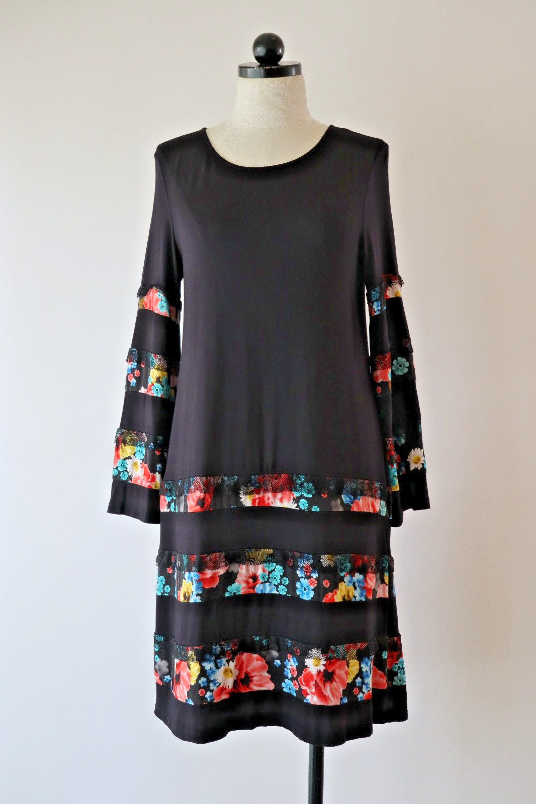 Desigual Black Jersey Colorful Floral Stripes Lace Ruffles Tshirt Dress Women L